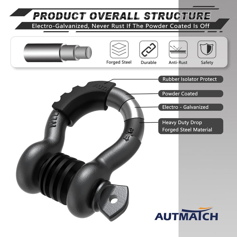 AUTMATCH D Ring تكبل 3/4 بوصة (عبوة من قطعتين) قوة كسر 41,887 رطل، تكبل Clevis مع دبوس لولبي 7/8 بوصة ومجموعة غسالات عازلة لحزام السحب ونش استعادة المركبات على الطرق الوعرة، رمادي معدني - Image 4